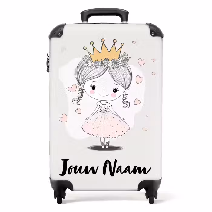 Koffer met naam - Prinses met kroon en roze hartjes