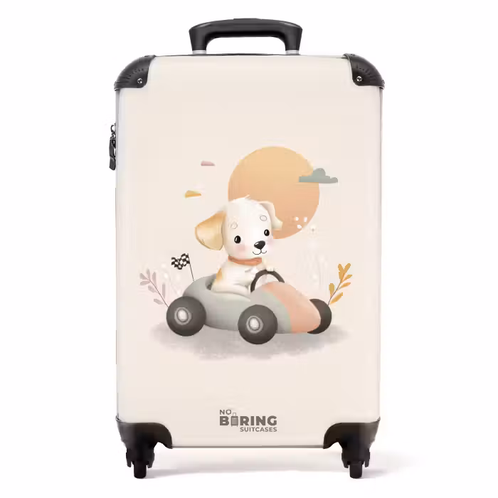 Koffer - Puppy in een raceauto in beige kleuren