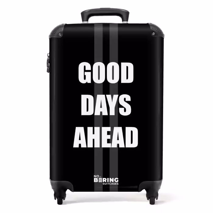Koffer - Zwarte achtergrond met grijze middenbanen en tekst Good Days Ahead