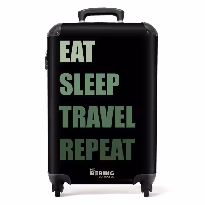 Koffer - Zwarte achtergrond met groene tekst Eat Sleep Travel Repeat