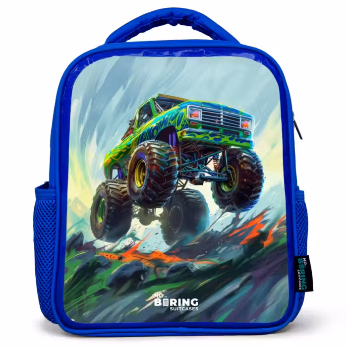 Kinderrugzak - Blauw - Groene Monstertruck met Penseelstreken