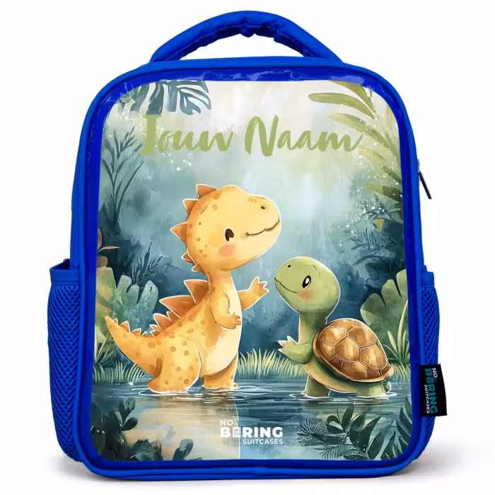 Kinderrugzak met naam - Blauw - Dino - Schildpad - Jungle