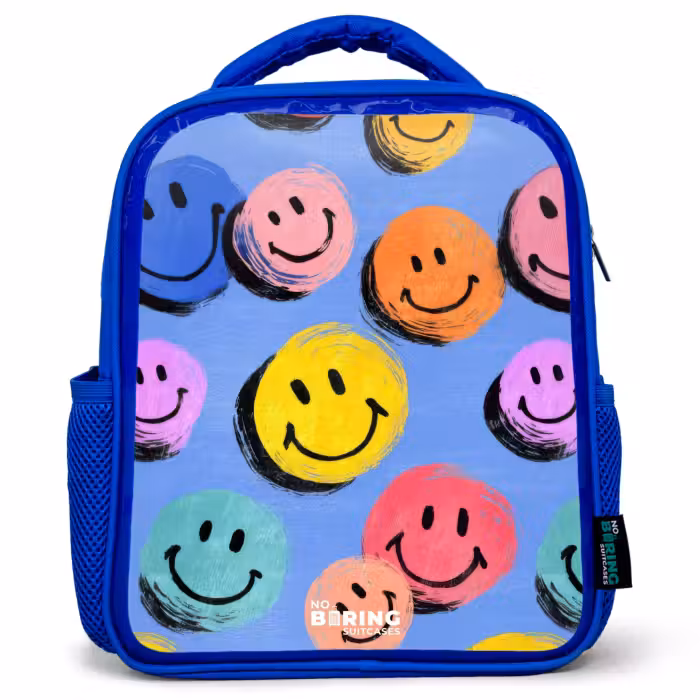 Kinderrugzak - Blauw - Een speels en kunstzinnig patroon van kleurrijke smileys