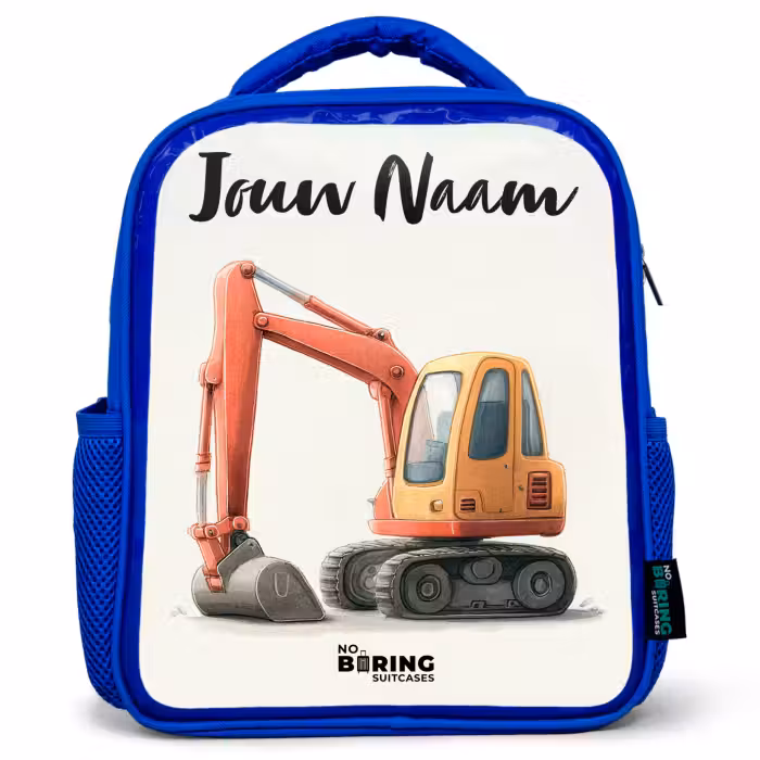 Kinderrugzak met naam - Blauw - Graafmachine - Getekend - Oranje