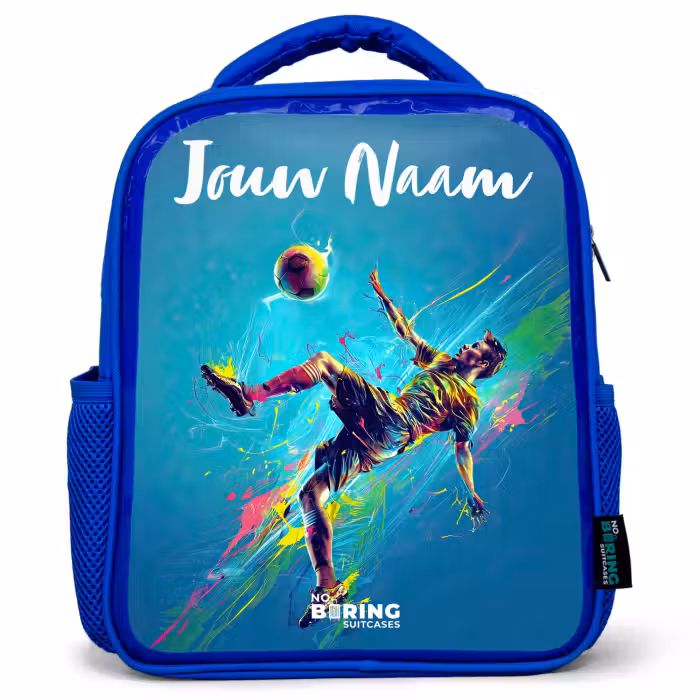 Kinderrugzak met naam - Blauw - Neon - Voetbal - Schop - Kleurrijk