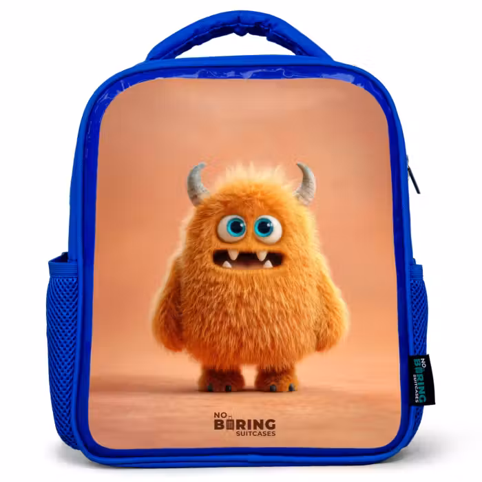 Kinderrugzak - Blauw - Oranje Pluizig Monster met Hoorns