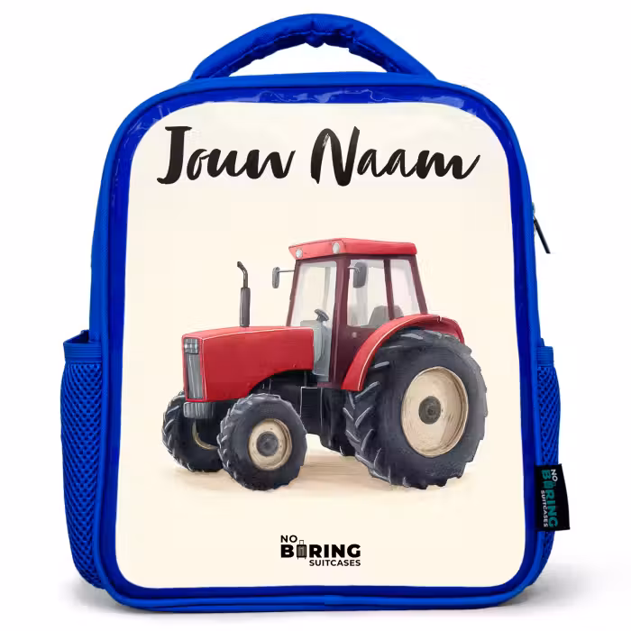 Kinderrugzak met naam - Blauw - Tractor - Getekend - Rood