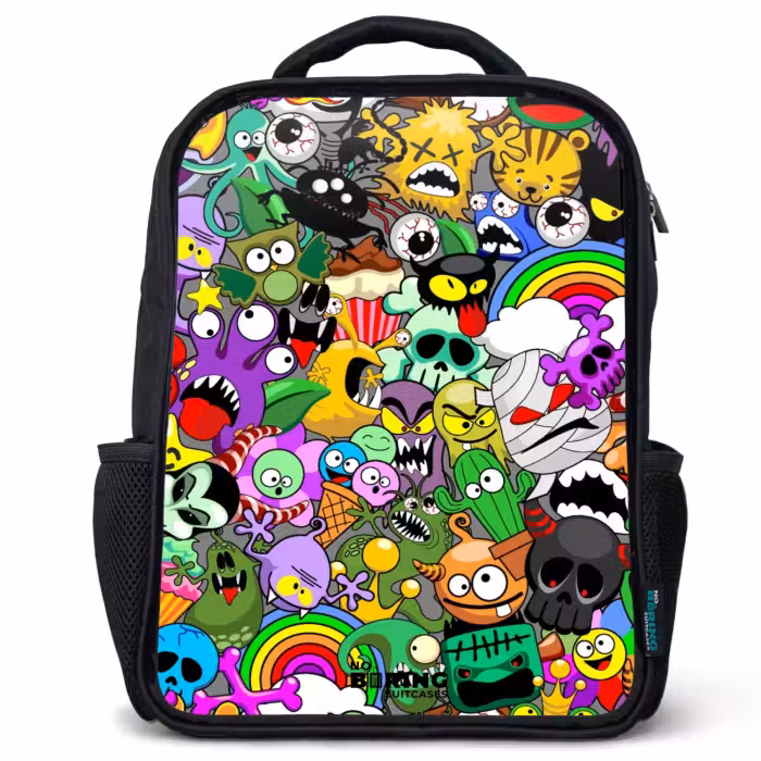 Kinderrugzak - Zwart - Chaotisch kleurrijk monster patroon