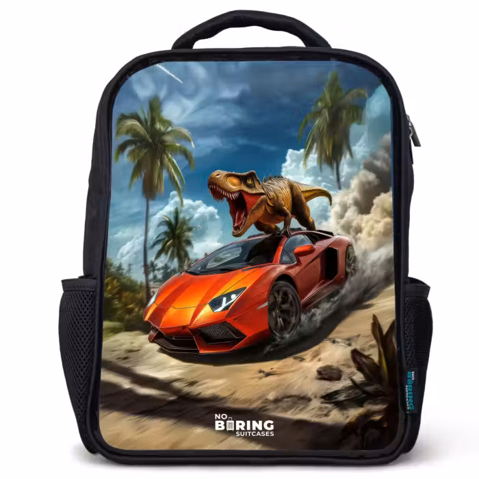 Kinderrugzak - Zwart - Rode sportauto met dino raast door tropisch strand