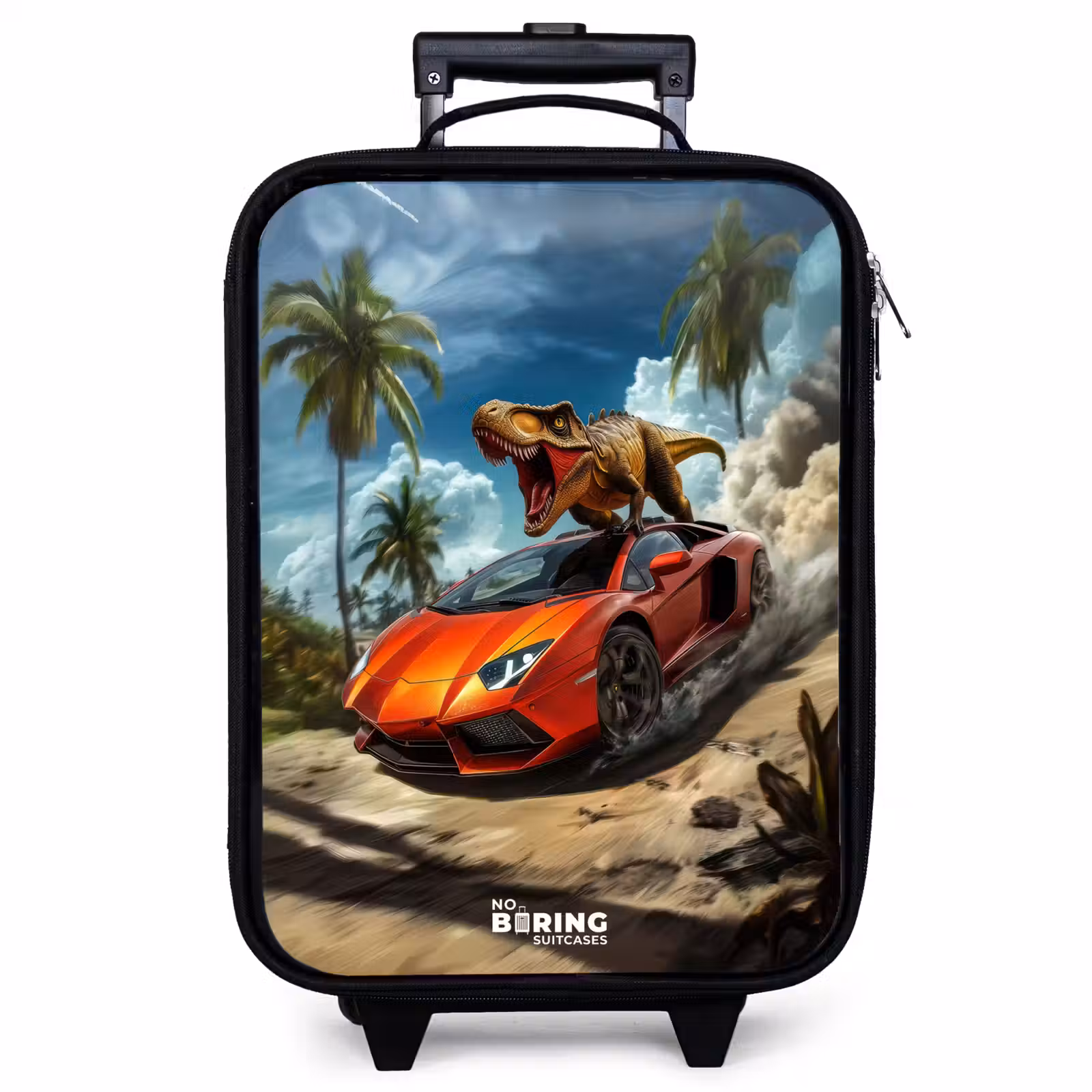 Kinderkoffer - Rode sportauto met dino raast door tropisch strand — 1