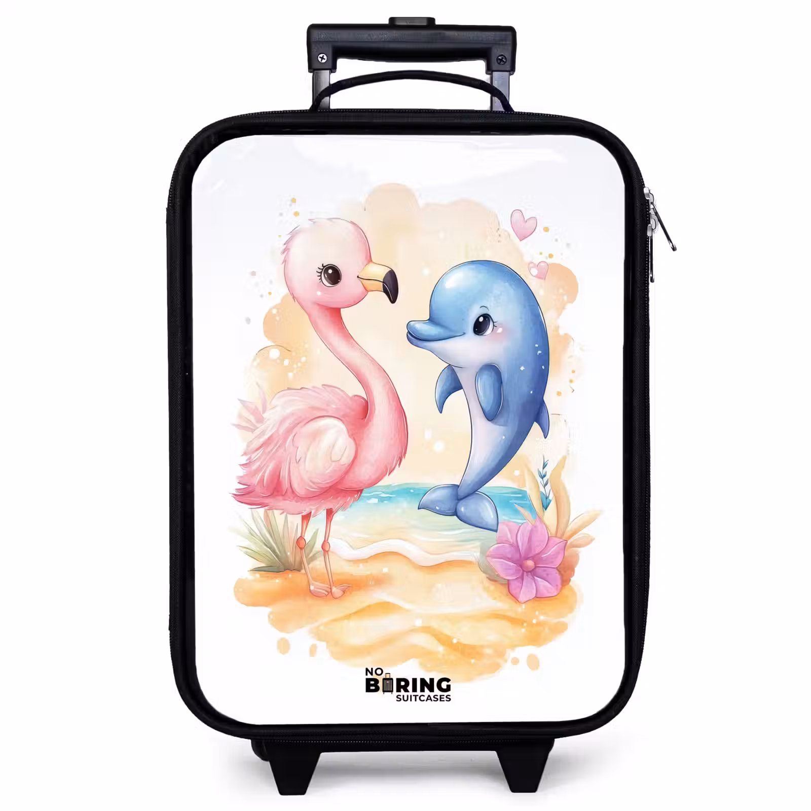 Kinderkoffer - Roze flamingo en blauwe dolfijn op een strand — 1