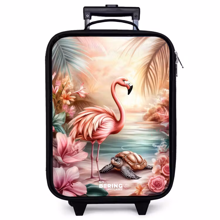 Kinderkoffer - Flamingo en schildpad op een roze strand. — 1