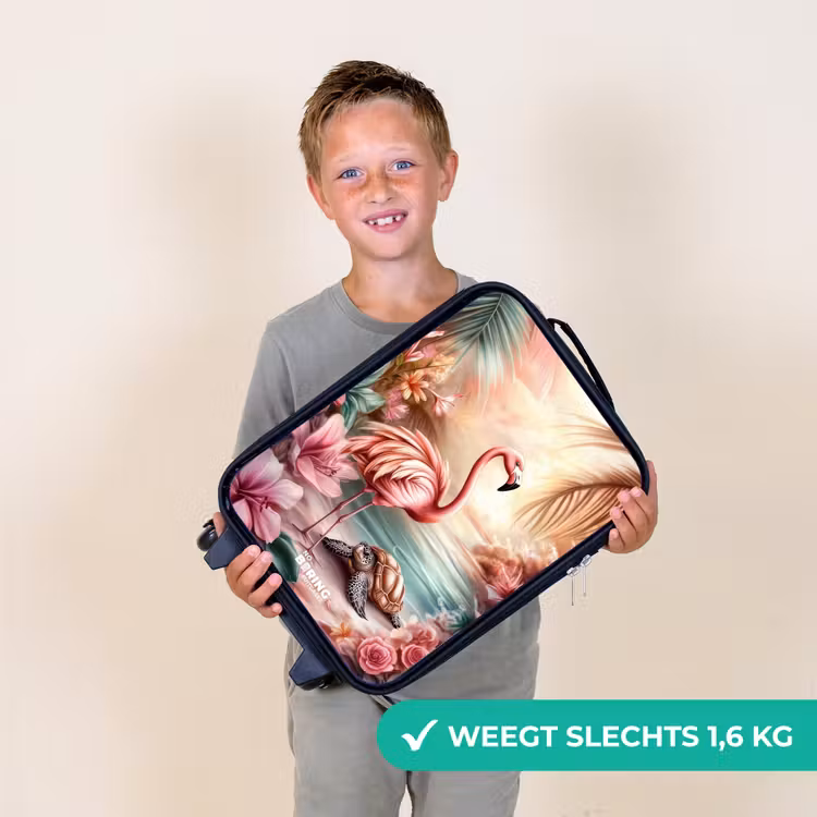 Kinderkoffer - Flamingo en schildpad op een roze strand. — 2