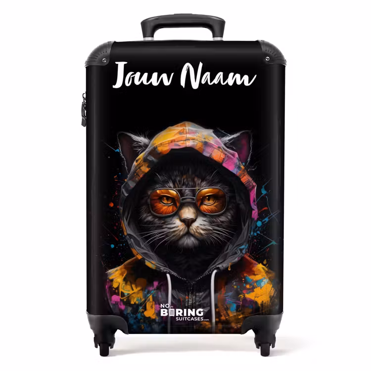 Koffer met naam - Kat met Kleurrijk Vest en Oranje Bril — 1