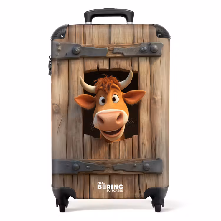 Koffer - Bruine stier steekt hoofd door houten deur — 1
