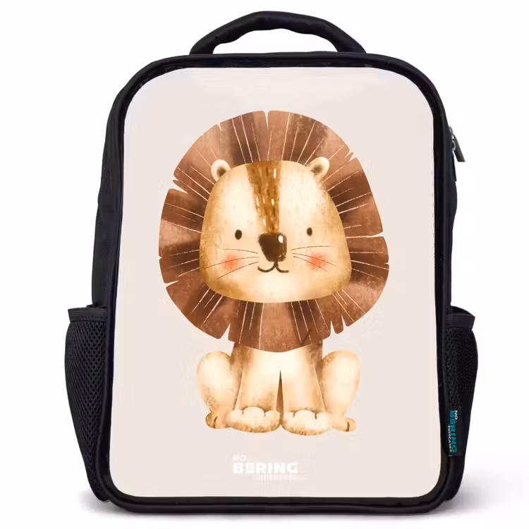 Kinderrugzak - Zwart - Leeuw illustratie met beige achtergrond — 1