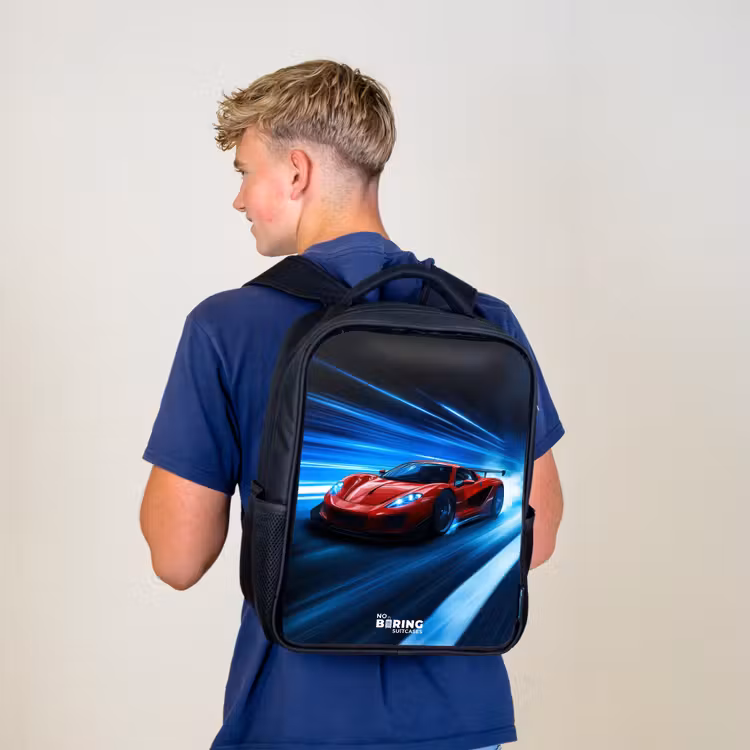 Kinderrugzak - Zwart - Rode racewagen in digitale snelheidswereld — 6