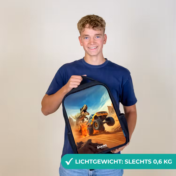 Kinderrugzak - Zwart - Vluchtende truck voor T-Rex in vurige woestijn — 3