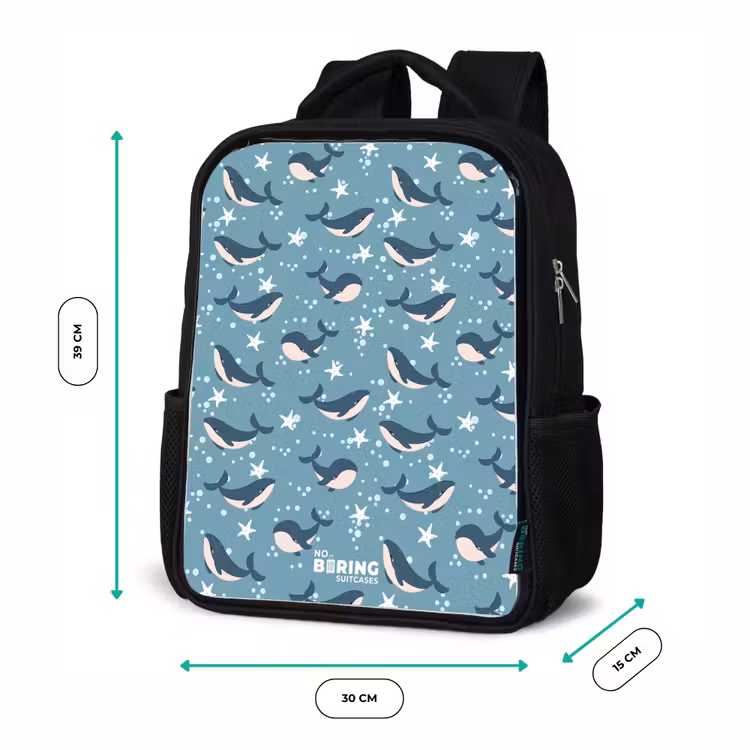 Kinderrugzak - Zwart - Donkerblauw walvissenpatroon met zeesterren — 5