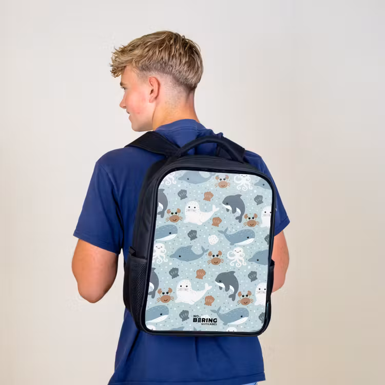 Kinderrugzak - Zwart - Zeedierenpatroon met dolfijnen, zeehonden en krabben — 6
