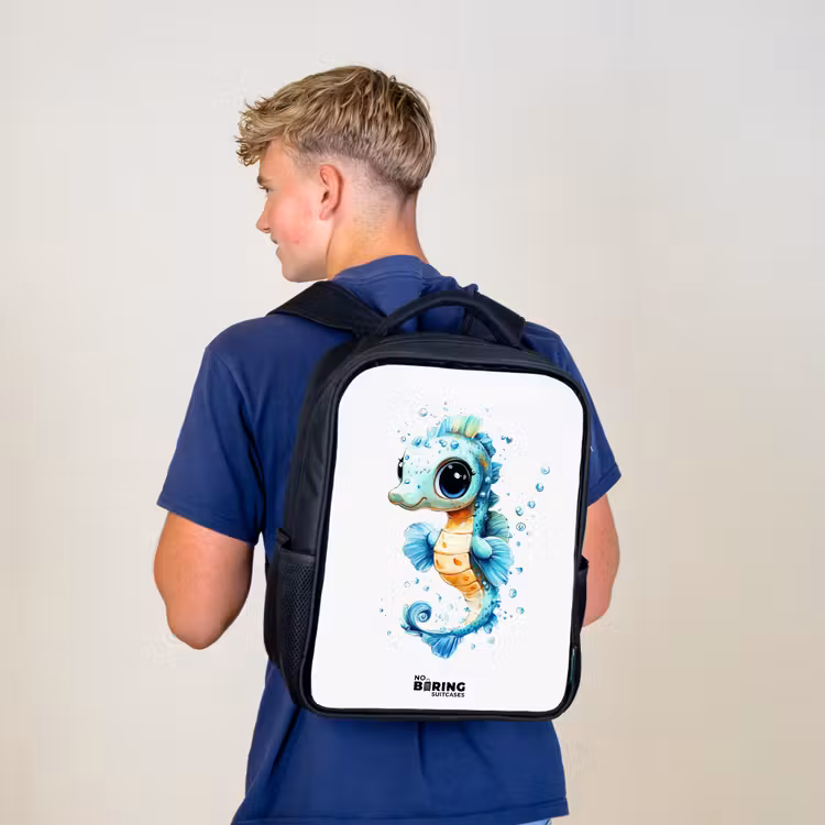 Kinderrugzak - Zwart - Blauw zeepaardje met grote ogen en luchtbellen — 6