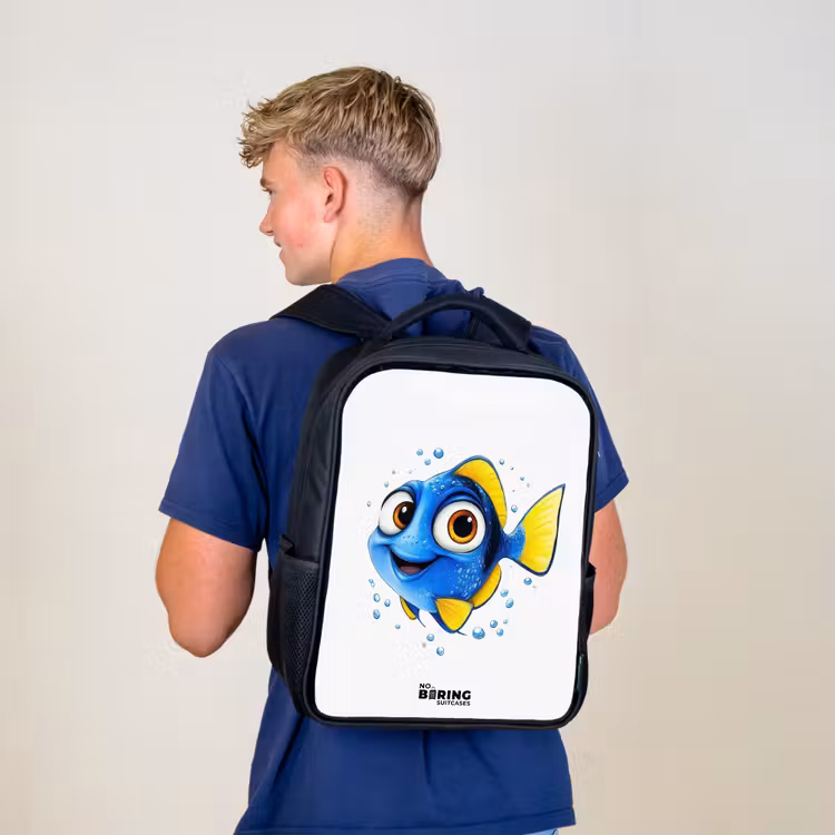 Kinderrugzak - Zwart - Blauwe vis met gele vinnen en vrolijke blik — 6