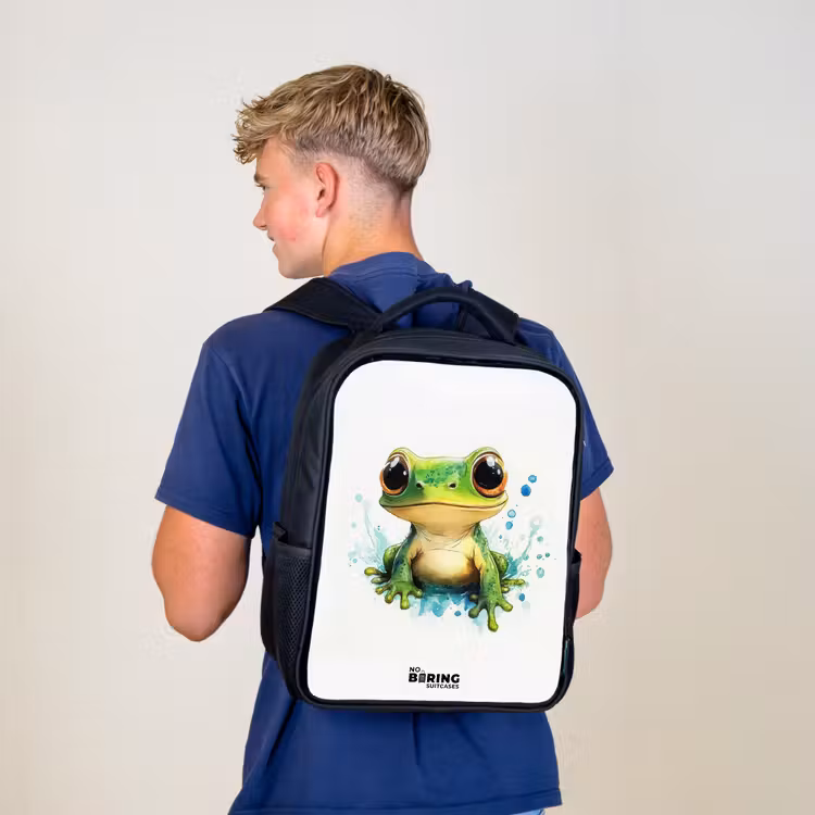 Kinderrugzak - Zwart - Groene kikker met grote ogen op witte achtergrond — 6