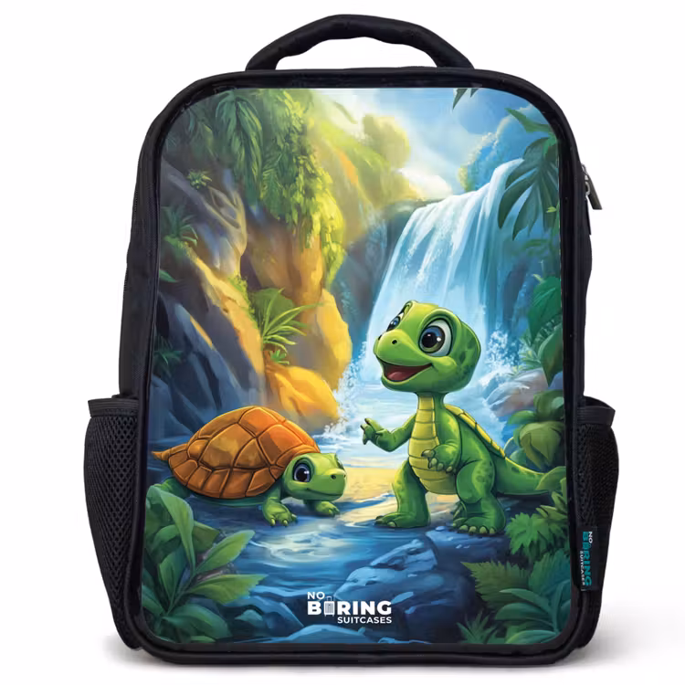 Kinderrugzak - Zwart - Schildpad en dino bij waterval in tropisch bos — 1
