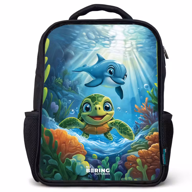Kinderrugzak - Zwart - Schildpad en dolfijn in blauwe oceaan — 1