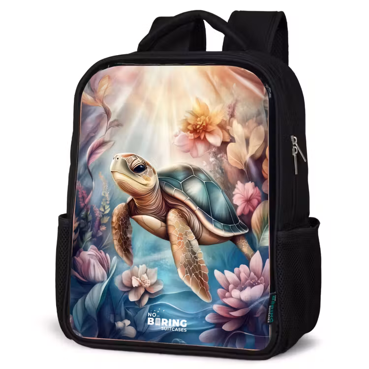 Kinderrugzak - Zwart - Zeeschildpad tussen bloemen onder water — 7