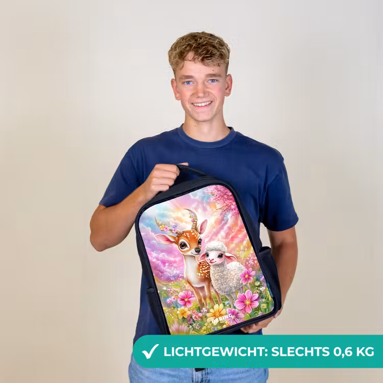 Kinderrugzak - Zwart - Hertje met een lammetje in pastelbloemenveld — 3