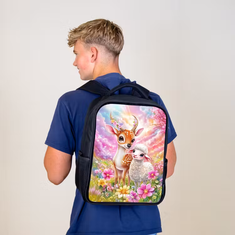 Kinderrugzak - Zwart - Hertje met een lammetje in pastelbloemenveld — 6