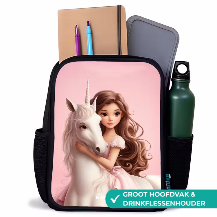 Kinderrugzak - Zwart - Meisje met witte eenhoorn op roze achtergrond — 4