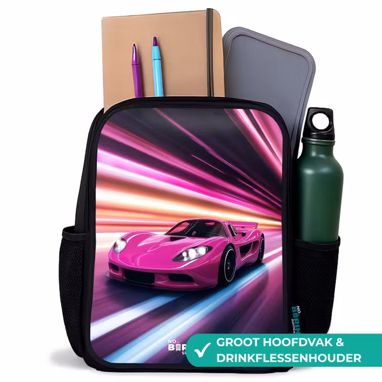 Kinderrugzak - Zwart - Roze raceauto flitst door neonlicht — 4