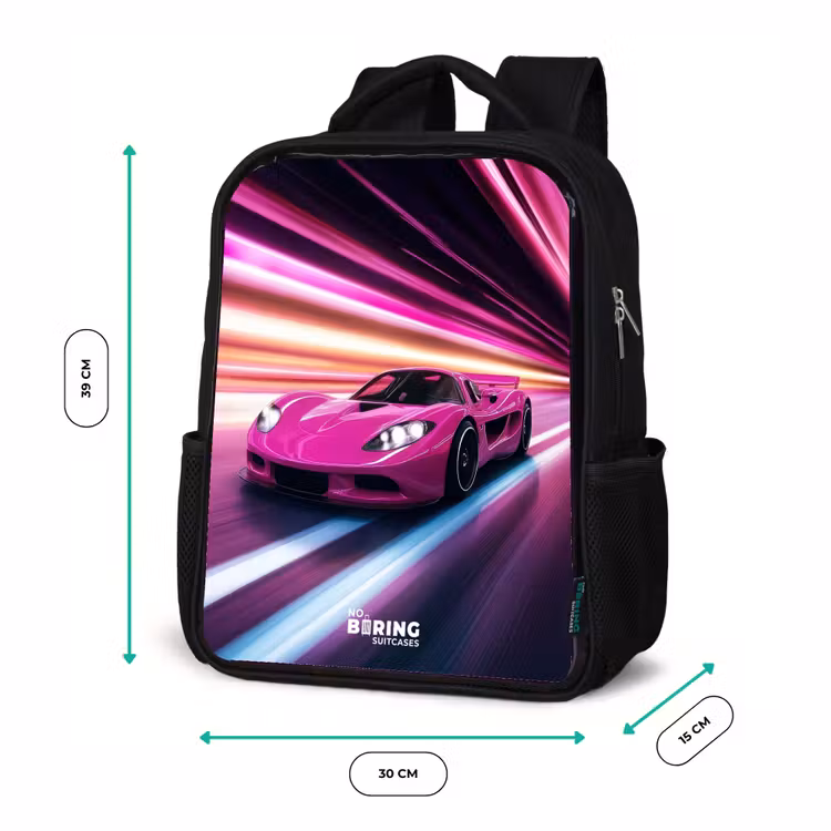 Kinderrugzak - Zwart - Roze raceauto flitst door neonlicht — 5