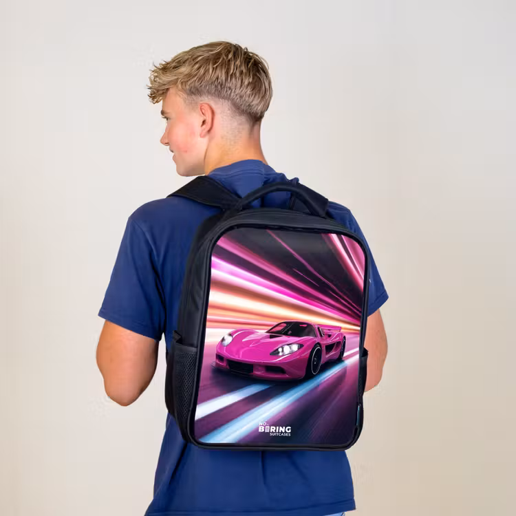 Kinderrugzak - Zwart - Roze raceauto flitst door neonlicht — 6