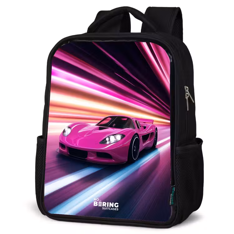 Kinderrugzak - Zwart - Roze raceauto flitst door neonlicht — 7