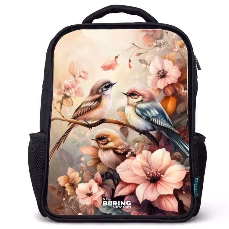 Kinderrugzak - Zwart - Vogels met roze bloemen — 1