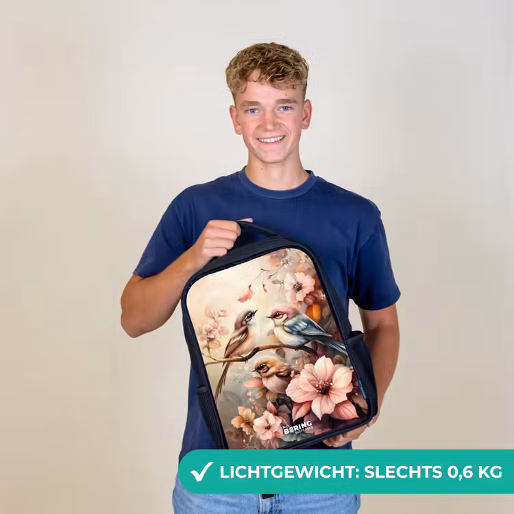 Kinderrugzak - Zwart - Vogels met roze bloemen — 3