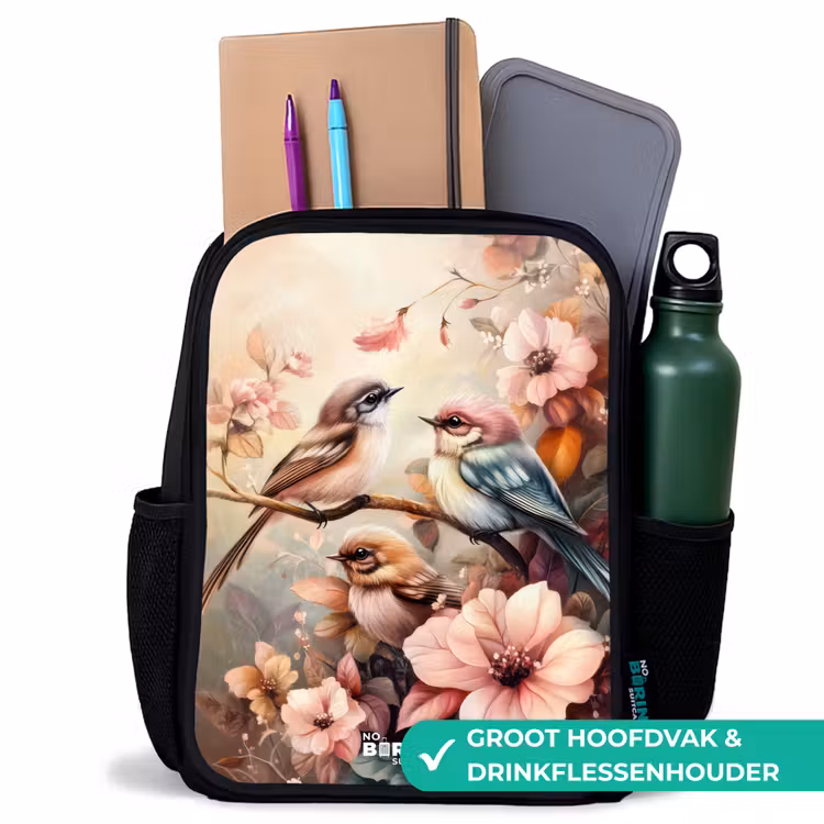 Kinderrugzak - Zwart - Vogels met roze bloemen — 4