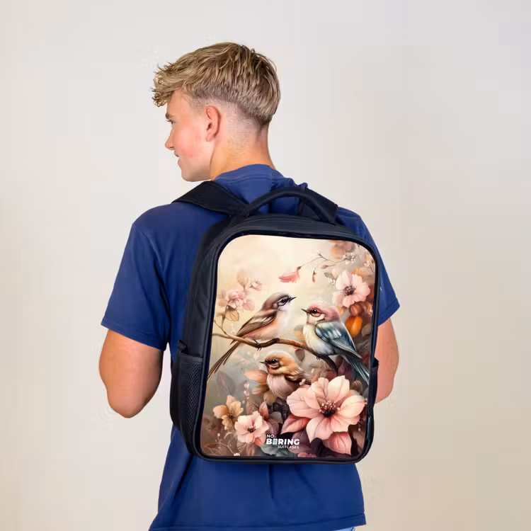 Kinderrugzak - Zwart - Vogels met roze bloemen — 6