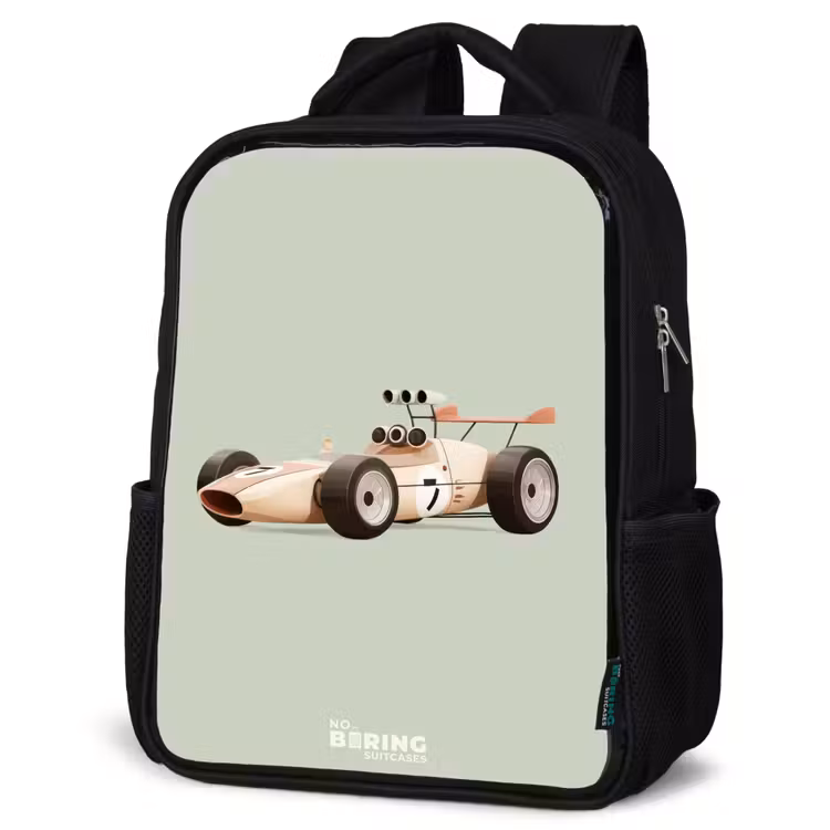 Kinderrugzak - Zwart - Beige retro raceauto op groen achtergrond — 7