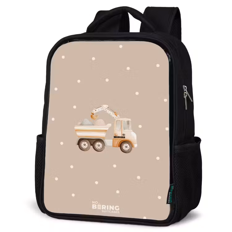 Kinderrugzak - Zwart - Gele kiepwagen met stenen en stippenpatroon — 7