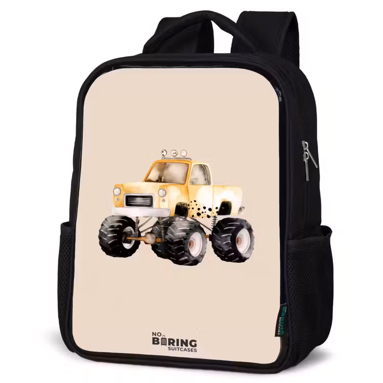 Kinderrugzak - Zwart - Gele monstertruck op een beige achtergrond — 7