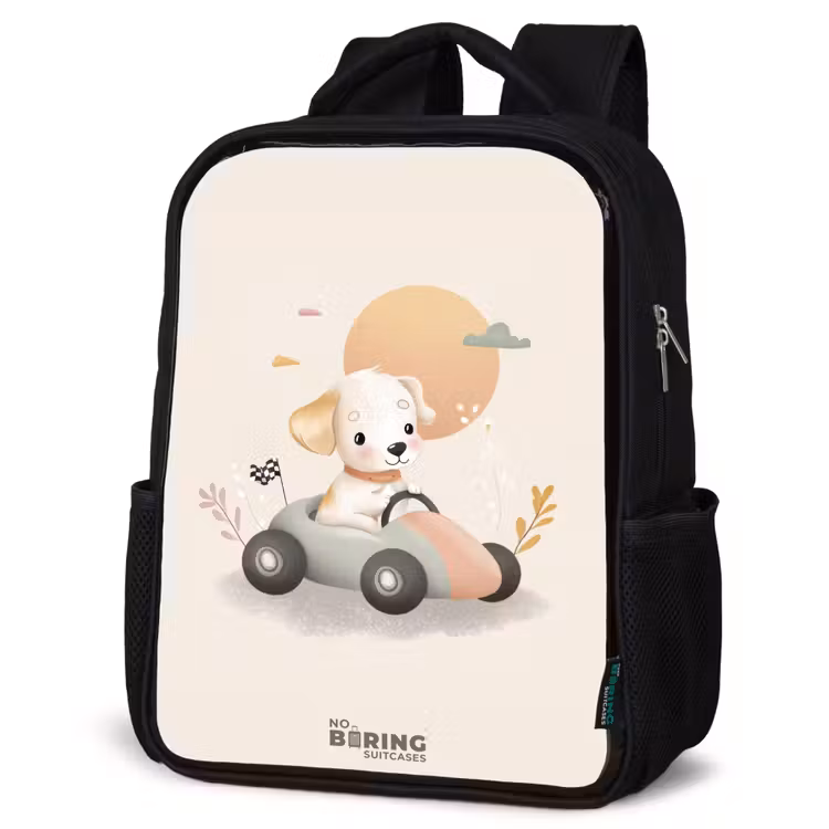 Kinderrugzak - Zwart - Puppy in een raceauto in beige kleuren — 7