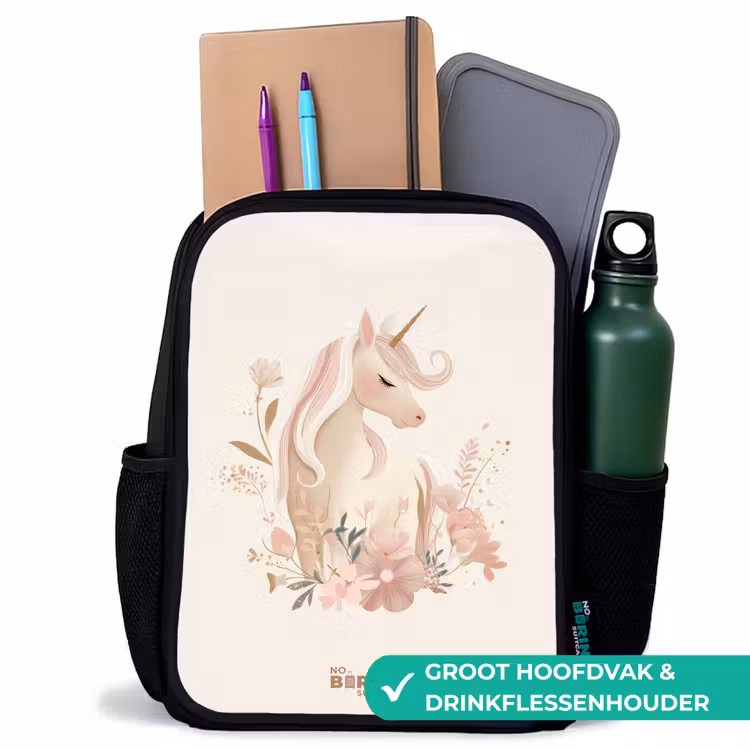 Kinderrugzak - Zwart - Eenhoorn tussen bloemen in roze pastel kleuren — 4