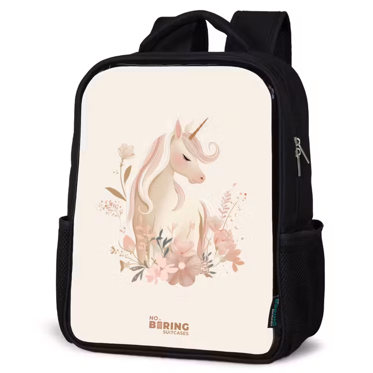 Kinderrugzak - Zwart - Eenhoorn tussen bloemen in roze pastel kleuren — 7