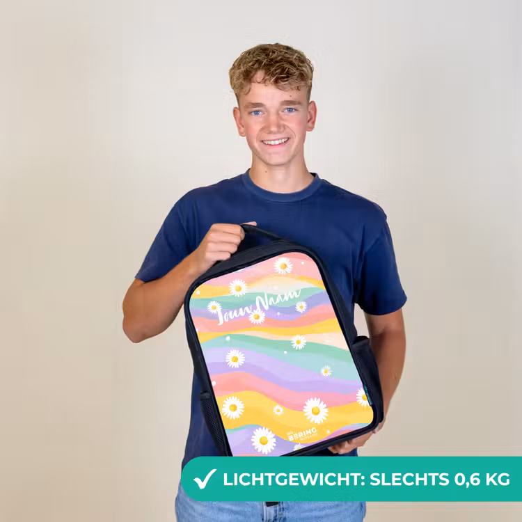 Kinderrugzak - Zwart - Madeliefjes op regenboogachtergrond — 3