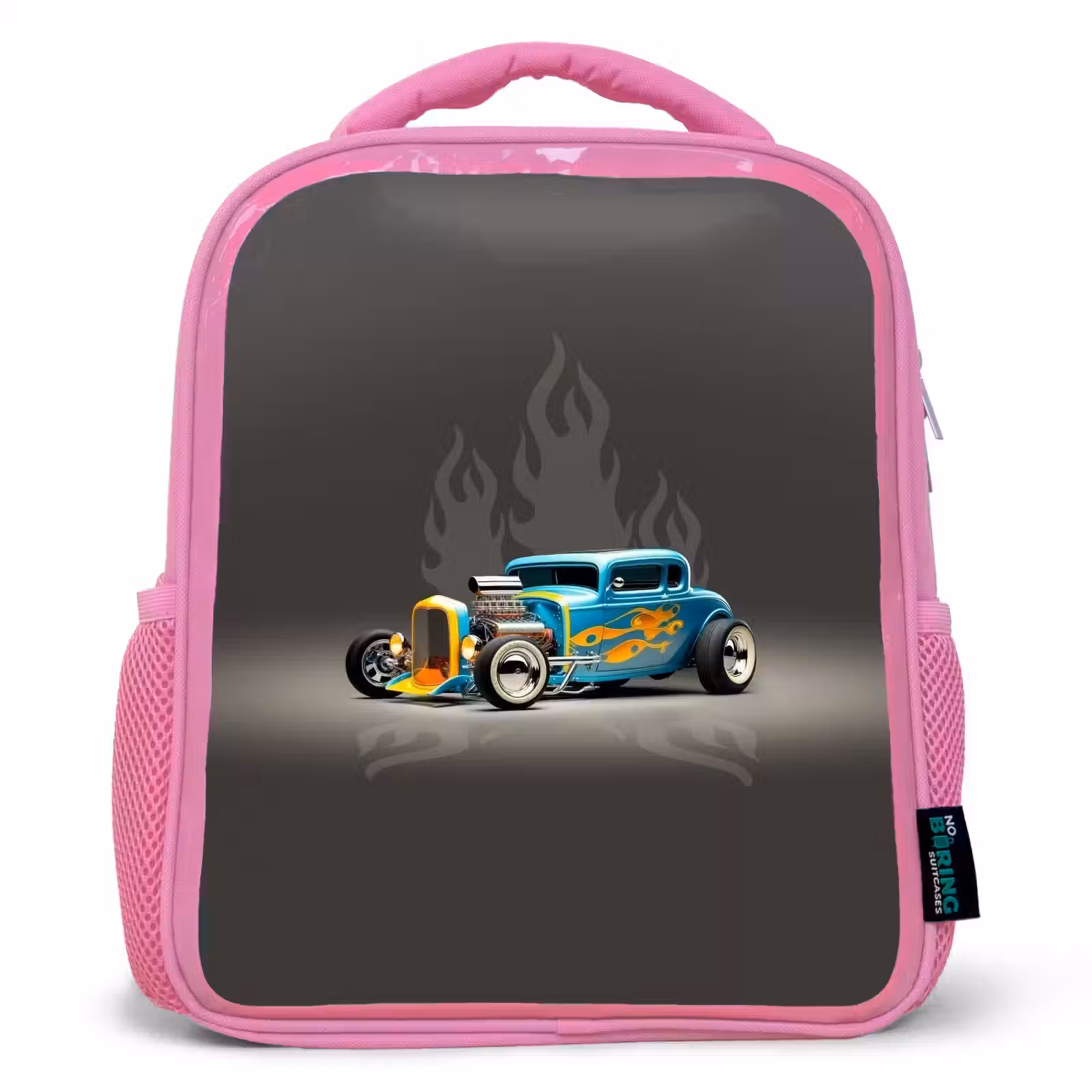 Kinderrugzak - Roze - Blauwe auto met grijze vlammen — 1