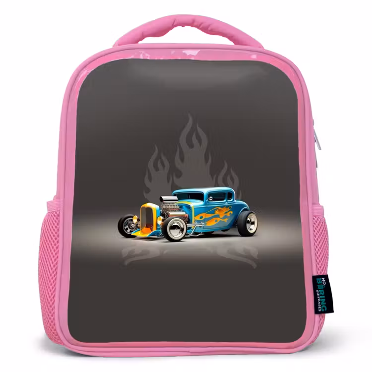 Kinderrugzak - Roze - Blauwe auto met grijze vlammen — 1